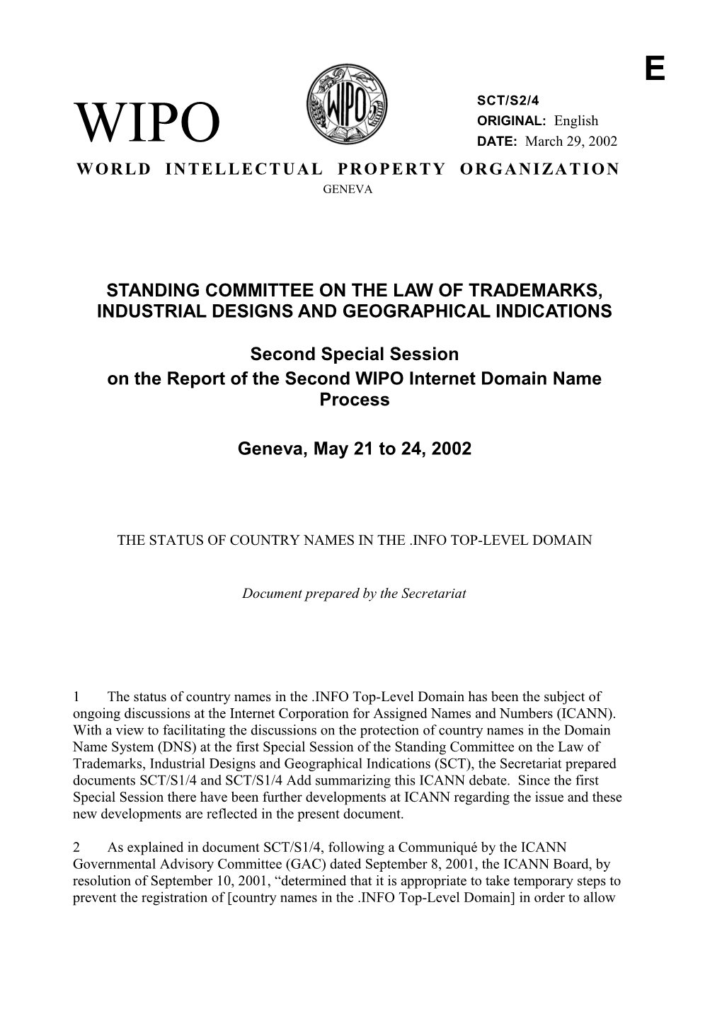 SCT/S2/4: the Status of Country Names in the .Info Top-Level Domain