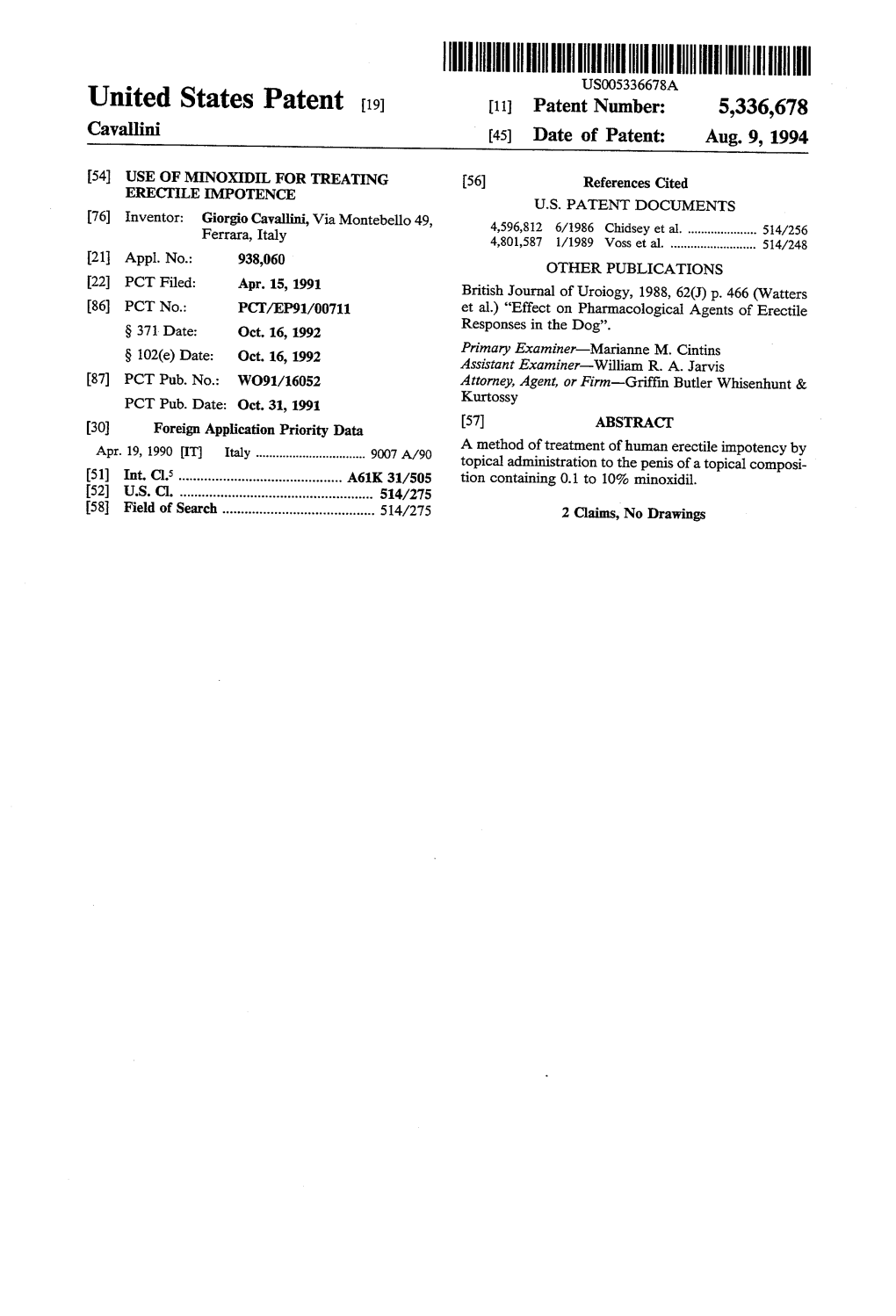 United States Patent 19 11 Patent Number: 5,336,678 Cavallini 45) Date of Patent: Aug