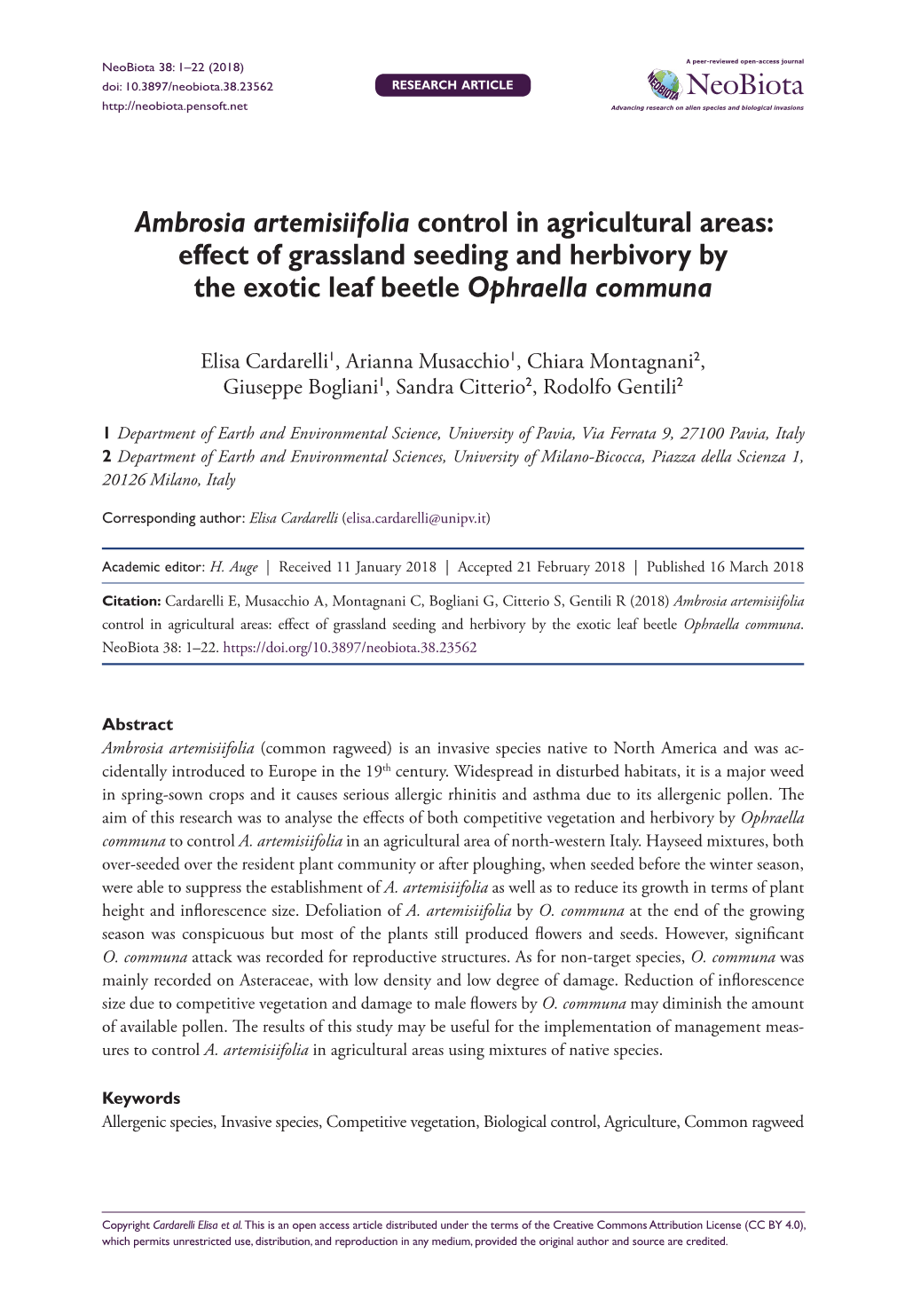 Ambrosia Artemisiifolia Control in Agricultural Areas: Effect of Grassland Seeding and Herbivory by the Exotic Leaf Beetle Ophraella Communa