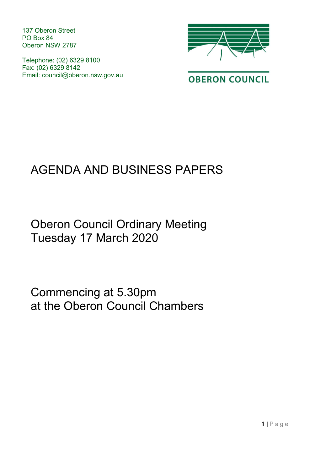 AGENDA and BUSINESS PAPERS Oberon Council Ordinary Meeting