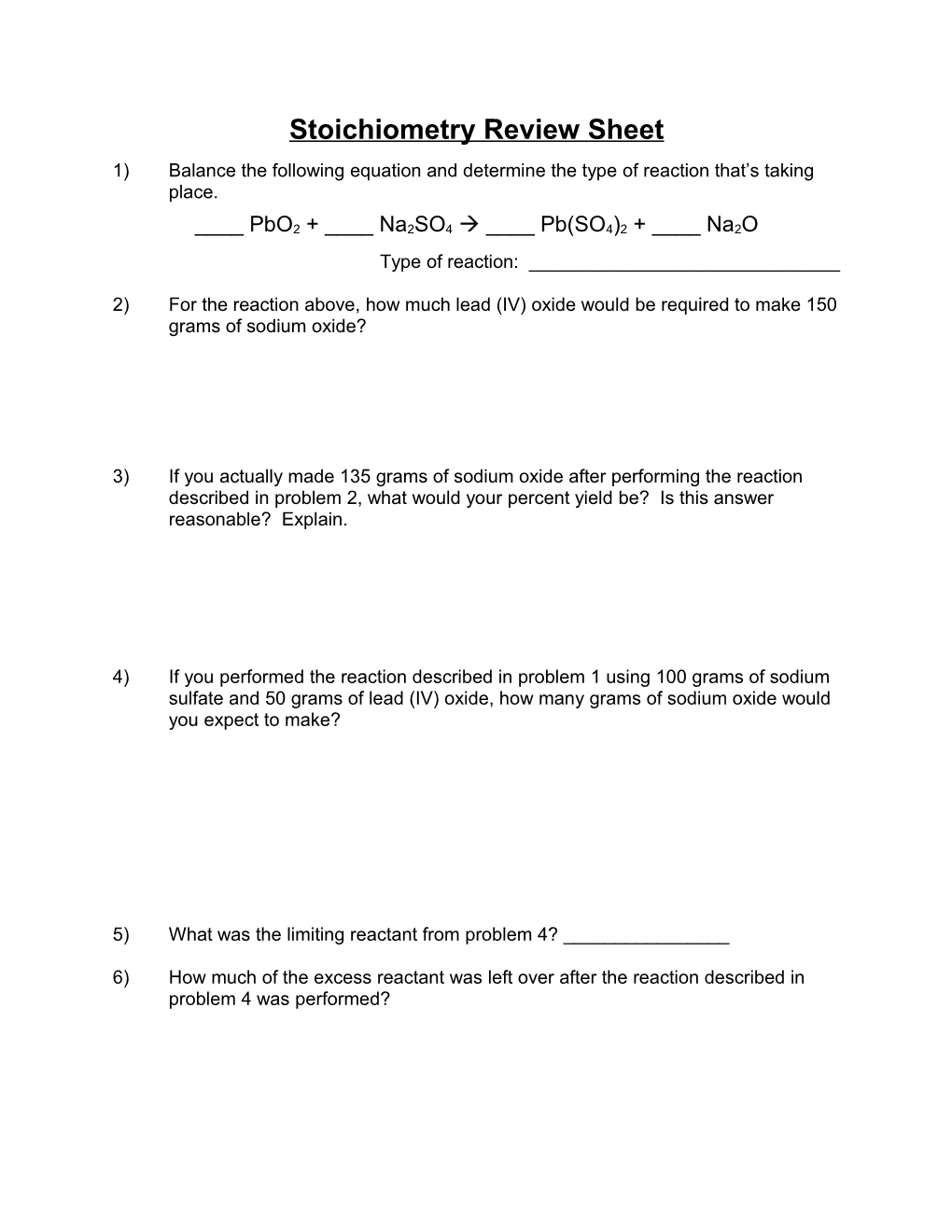 Stoichiometry Review Sheet