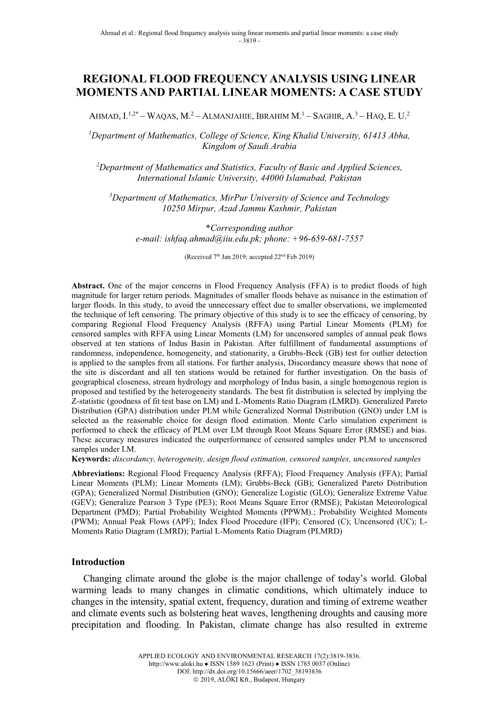 Regional Flood Frequency Analysis Using Linear Moments and Partial Linear Moments: a Case Study - 3819