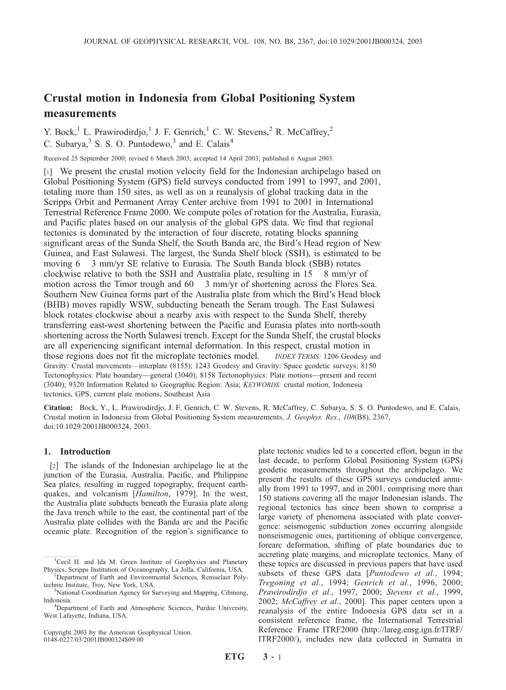 Crustal Motion in Indonesia from Global Positioning System Measurements Y