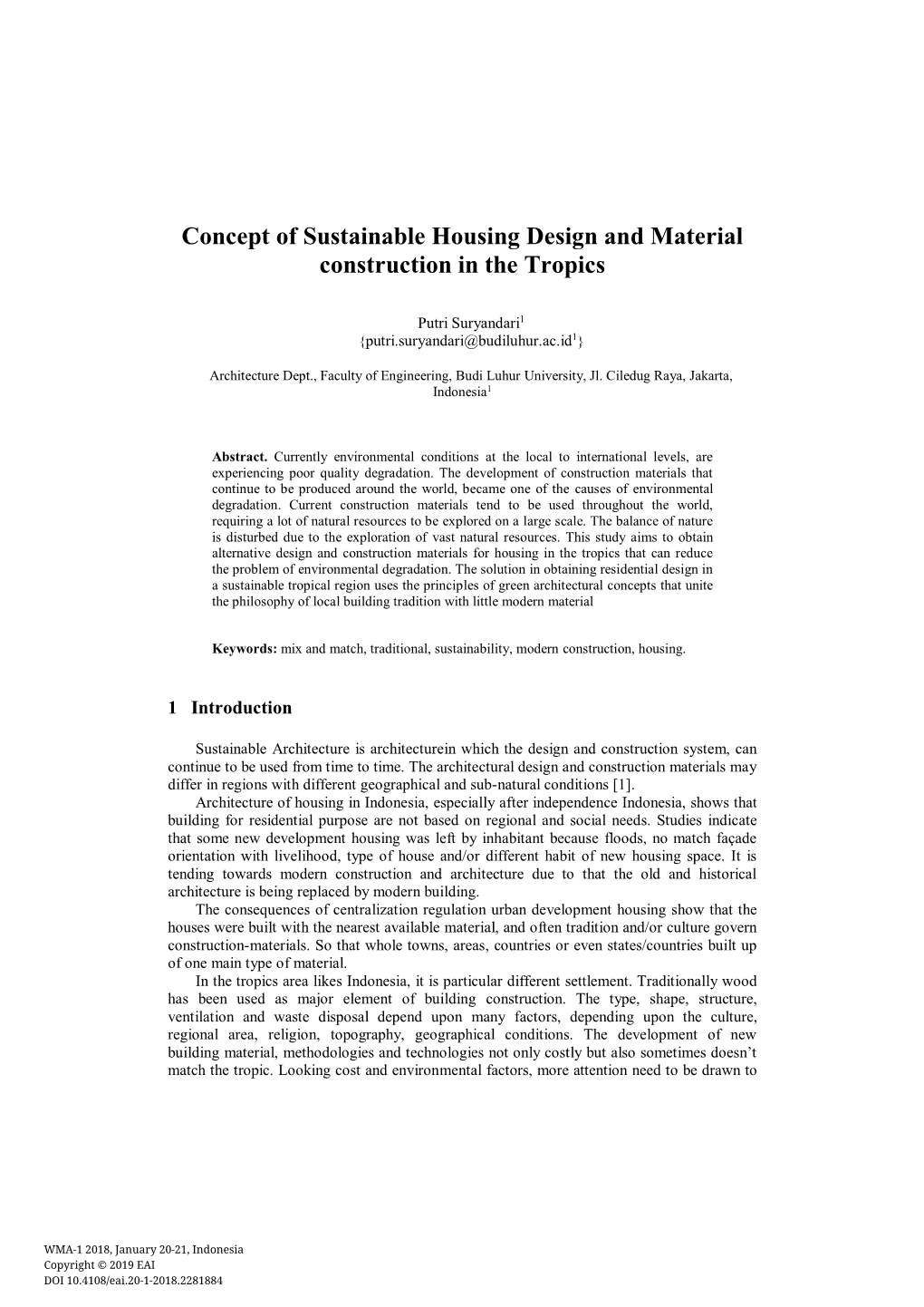 Concept of Sustainable Housing Design and Material Construction in the Tropics