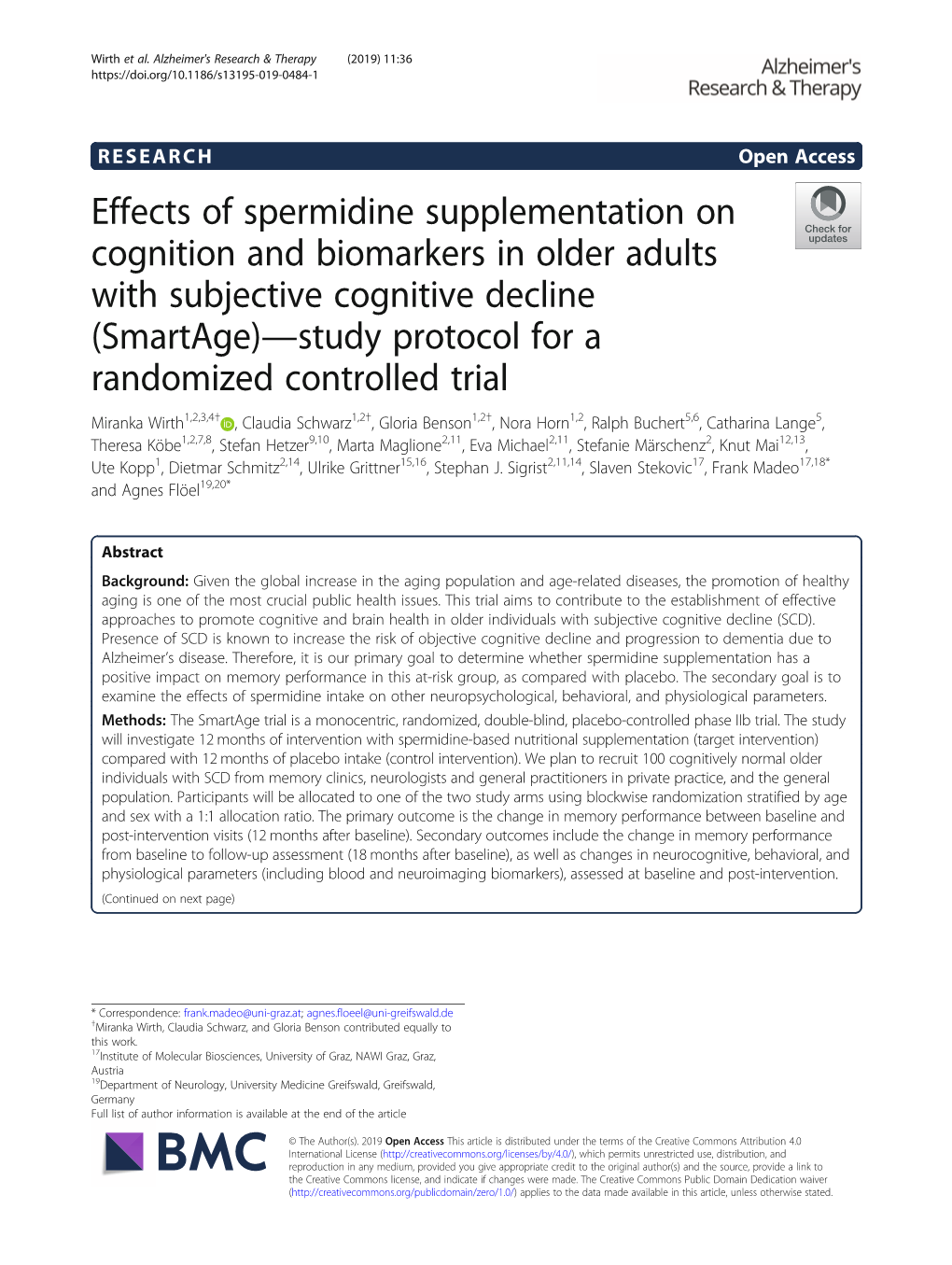 Effects of Spermidine Supplementation on Cognition and Biomarkers in Older Adults with Subjective Cognitive Decline (Smartage)