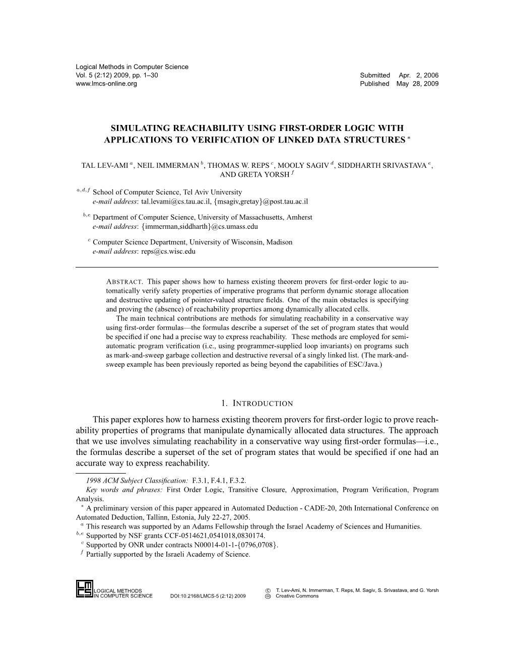 Simulating Reachability Using First-Order Logic with Applications to Verification of Linked Data Structures ∗