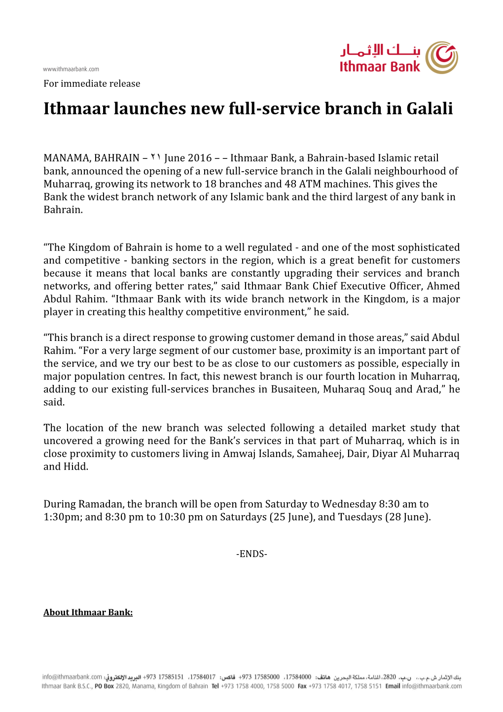 Ithmaar Launches New Full-Service Branch in Galali