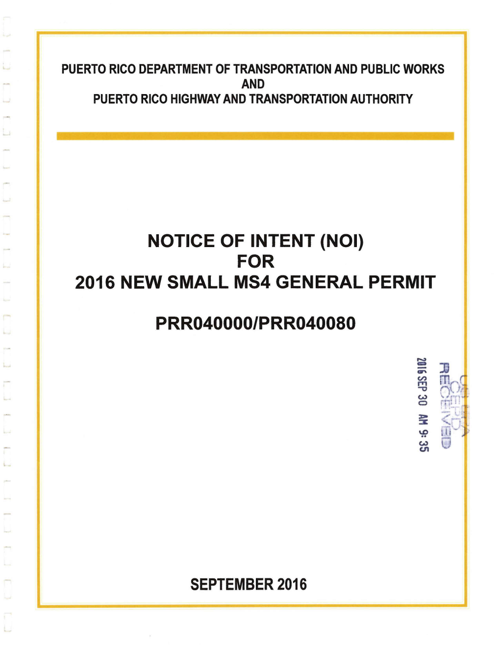 Notice of Intent (Noi) for 2016 New Small Ms4 General Permit