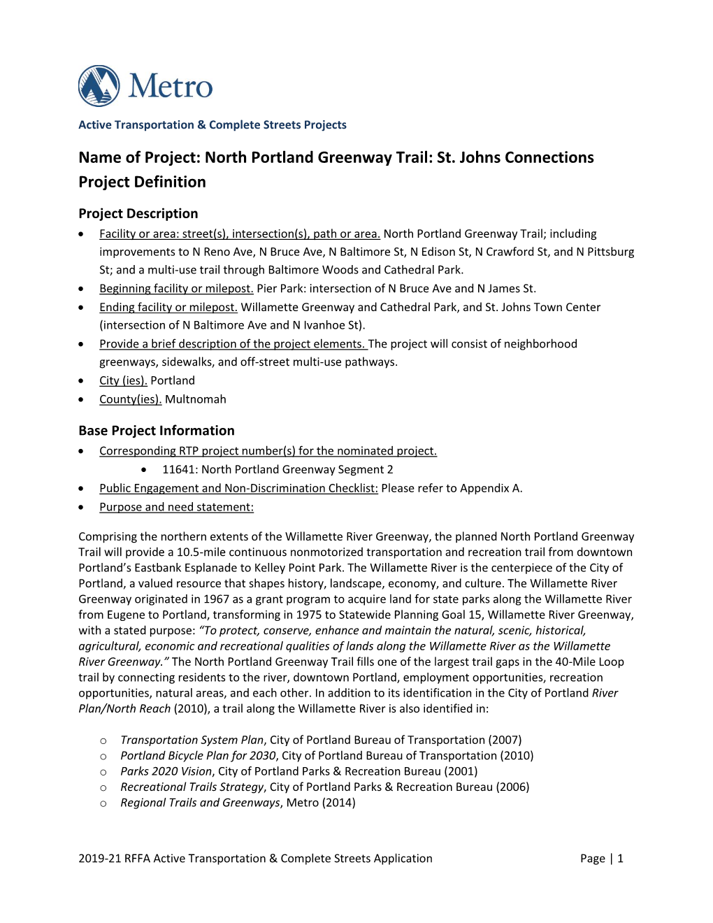 North Portland Greenway Trail: St. Johns Connections Project Definition