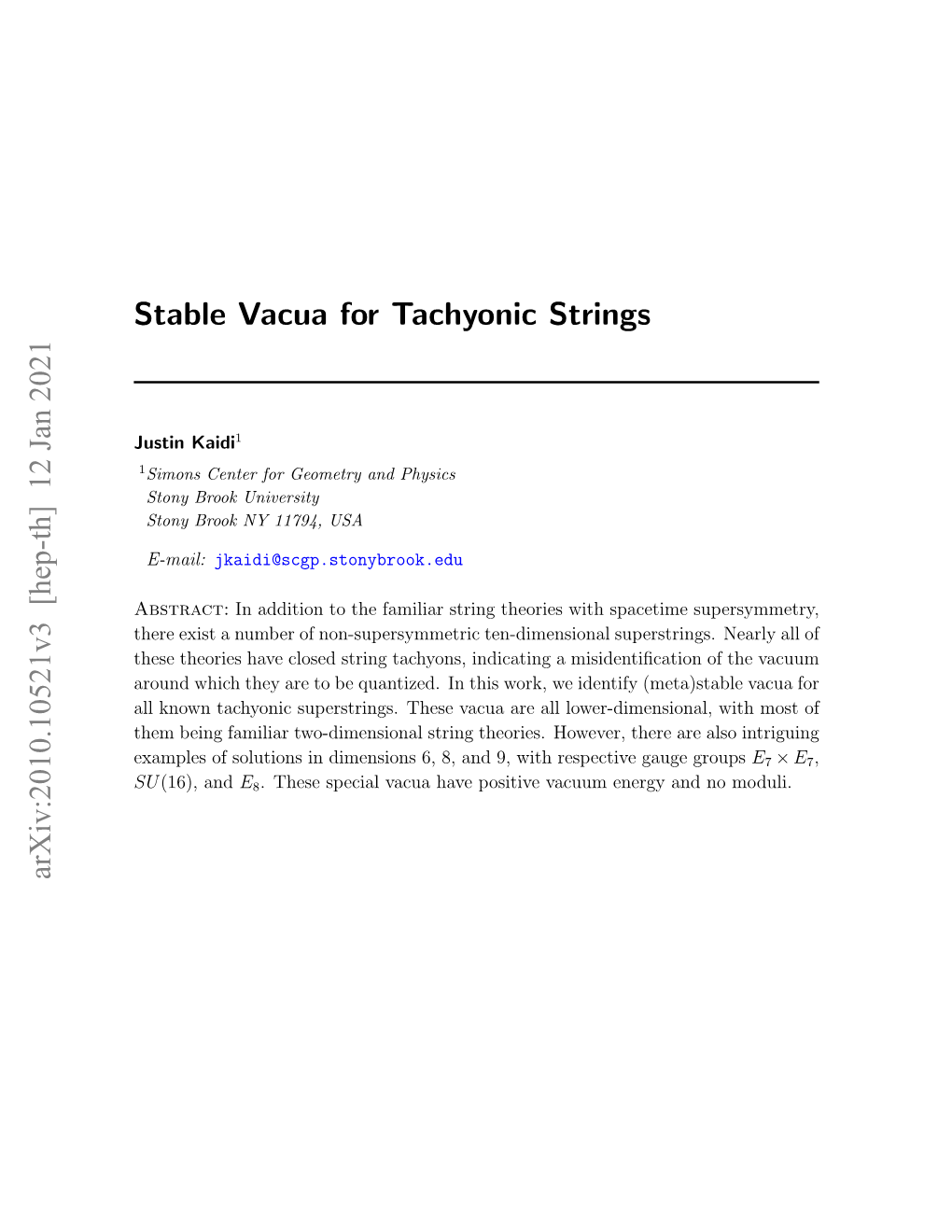 Stable Vacua for Tachyonic Strings Arxiv:2010.10521V3 [Hep-Th]