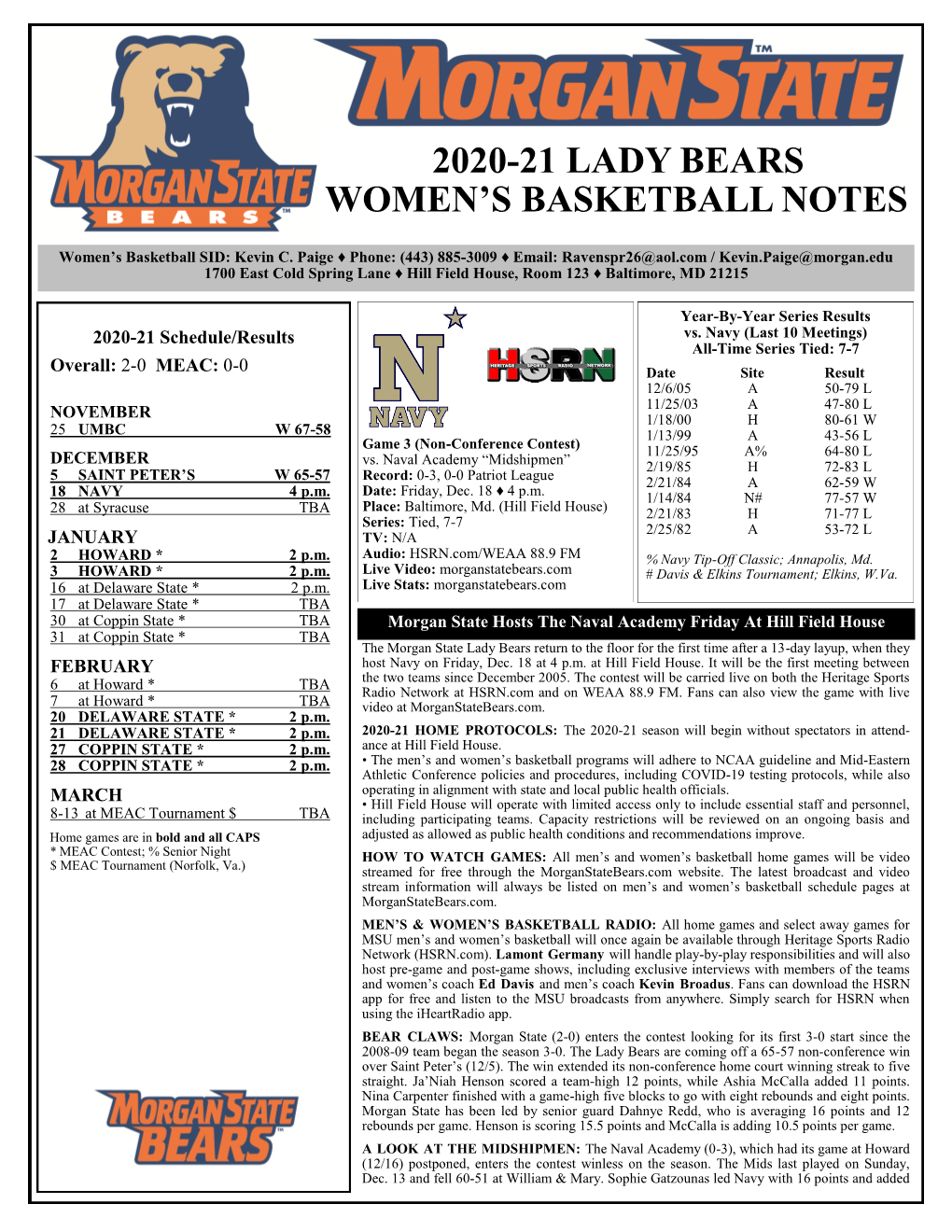 2020-21 Lady Bears Women's Basketball Notes