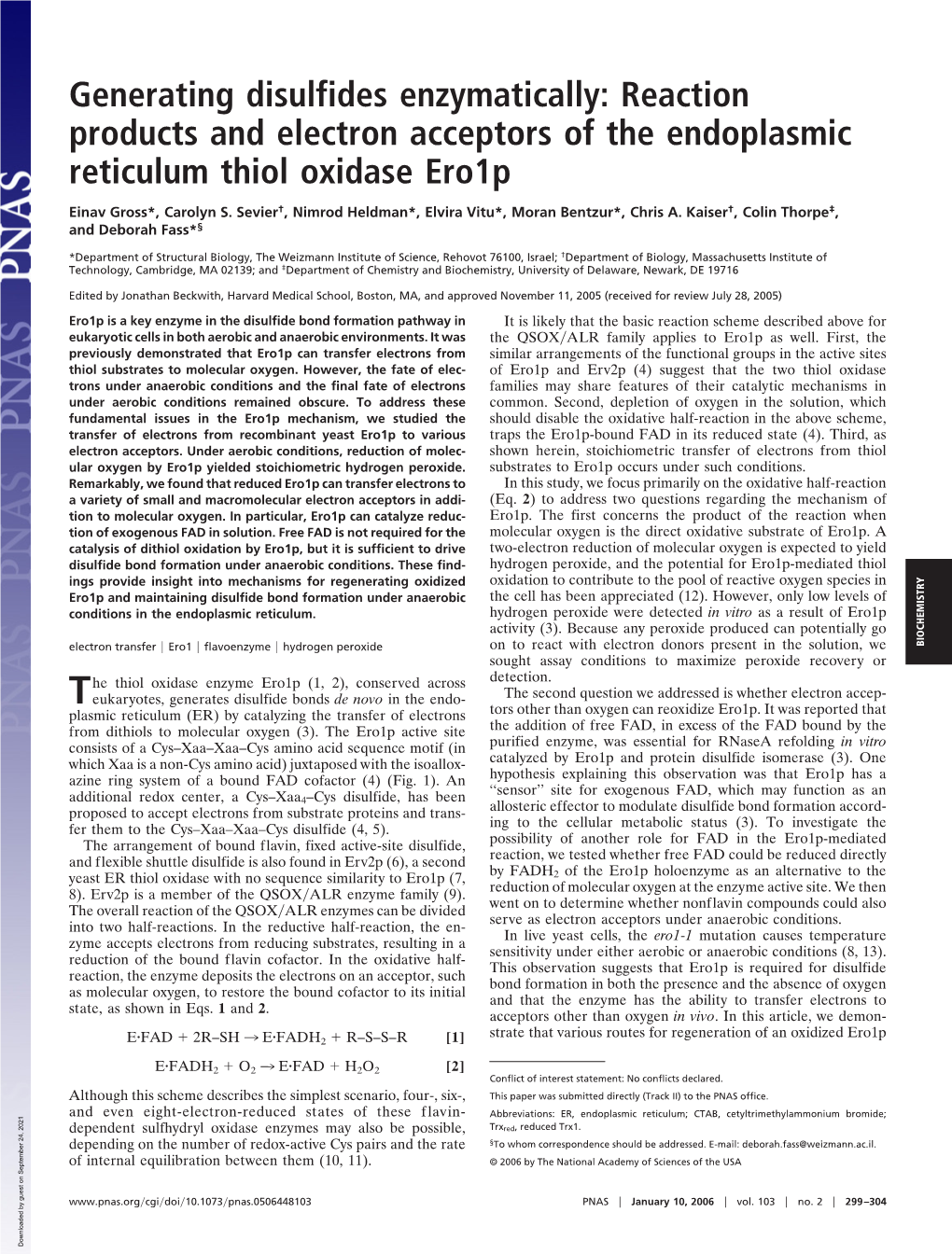 Reaction Products and Electron Acceptors of the Endoplasmic Reticulum Thiol Oxidase Ero1p