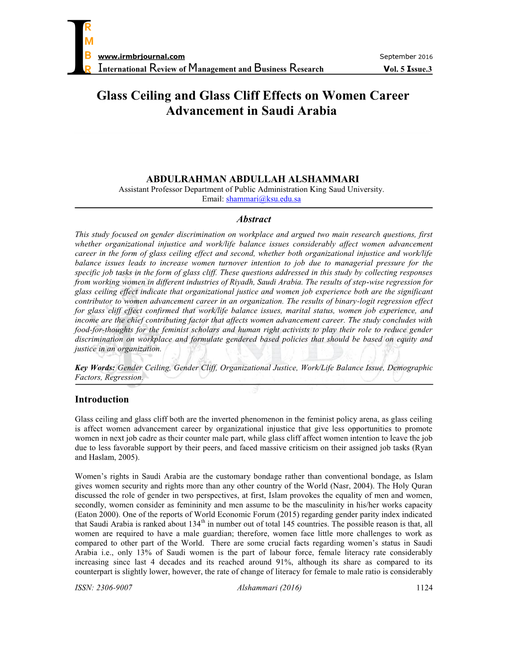 Glass Ceiling and Glass Cliff Effects on Women Career Advancement in Saudi Arabia