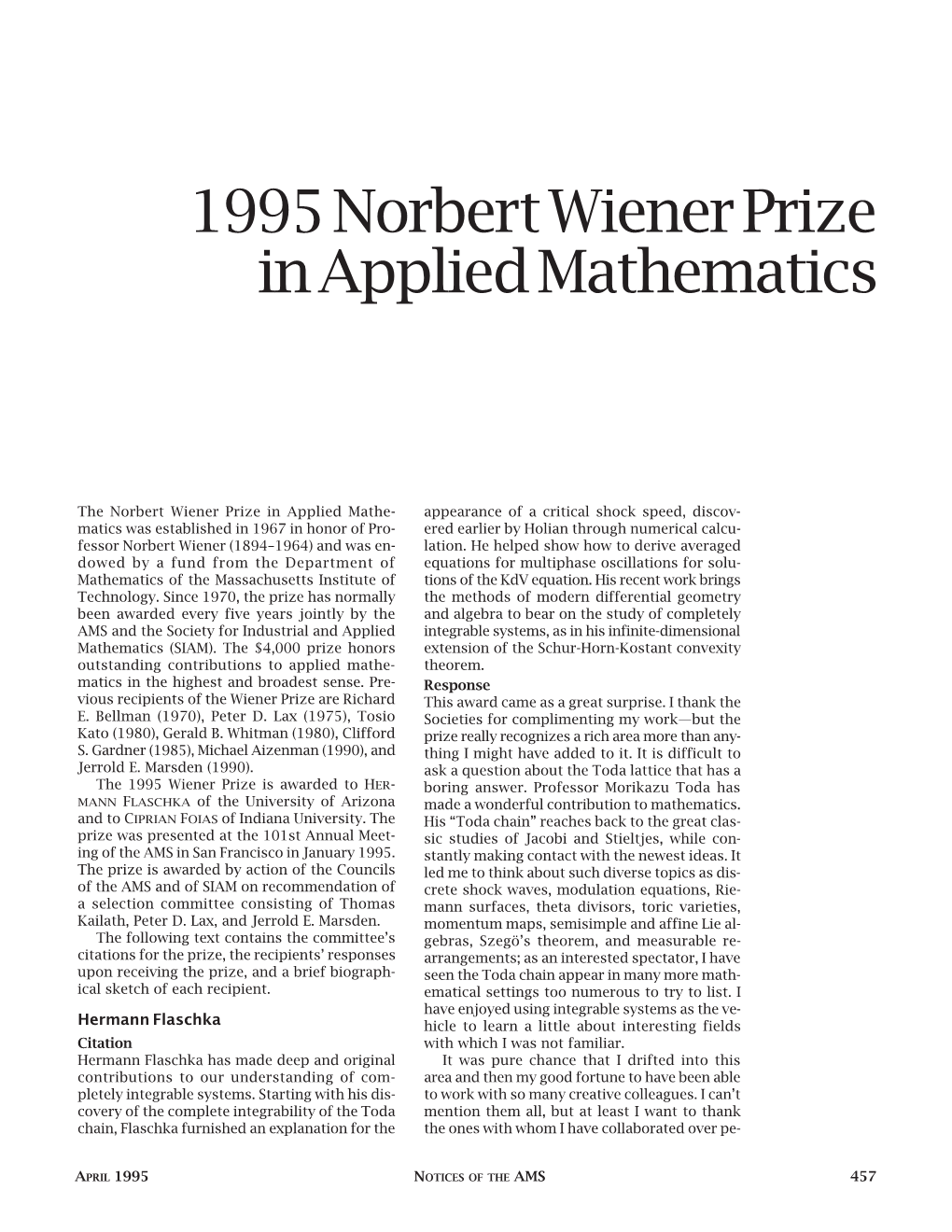 1995 Norbert Wiener Prize in Applied Mathematics