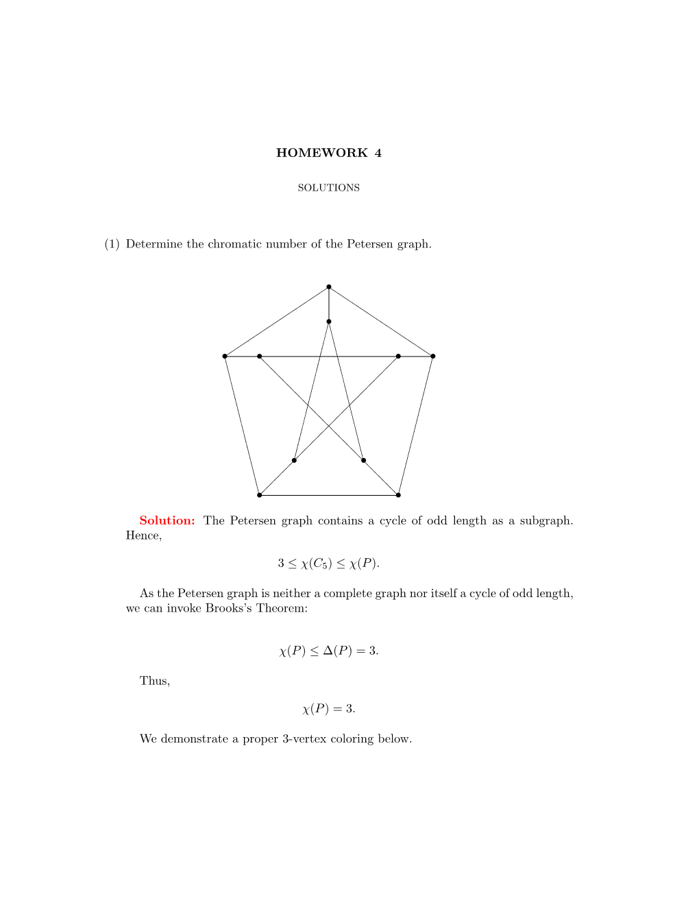 HOMEWORK 4 (1) Determine the Chromatic Number of the Petersen