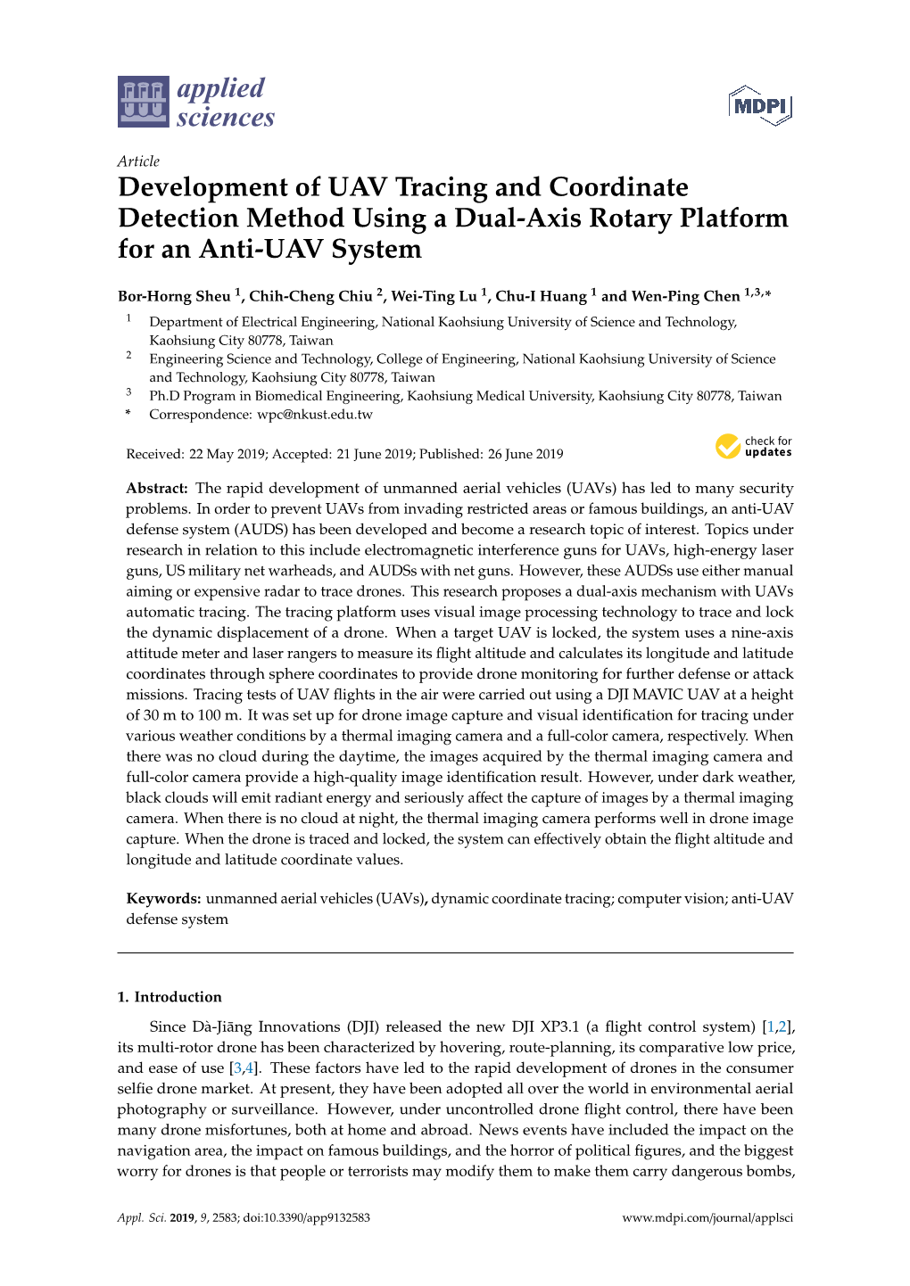 Development of UAV Tracing and Coordinate Detection Method Using a Dual-Axis Rotary Platform for an Anti-UAV System