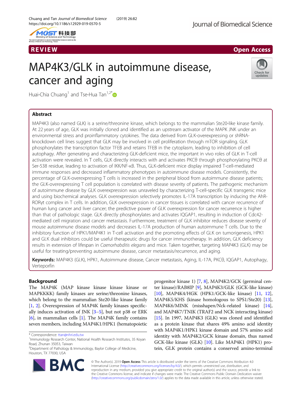 MAP4K3/GLK in Autoimmune Disease, Cancer and Aging Huai-Chia Chuang1 and Tse-Hua Tan1,2*