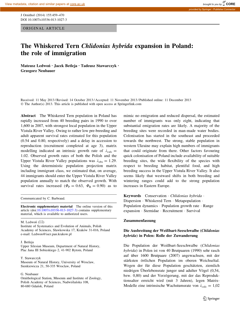 The Whiskered Tern Chlidonias Hybrida Expansion in Poland: the Role of Immigration