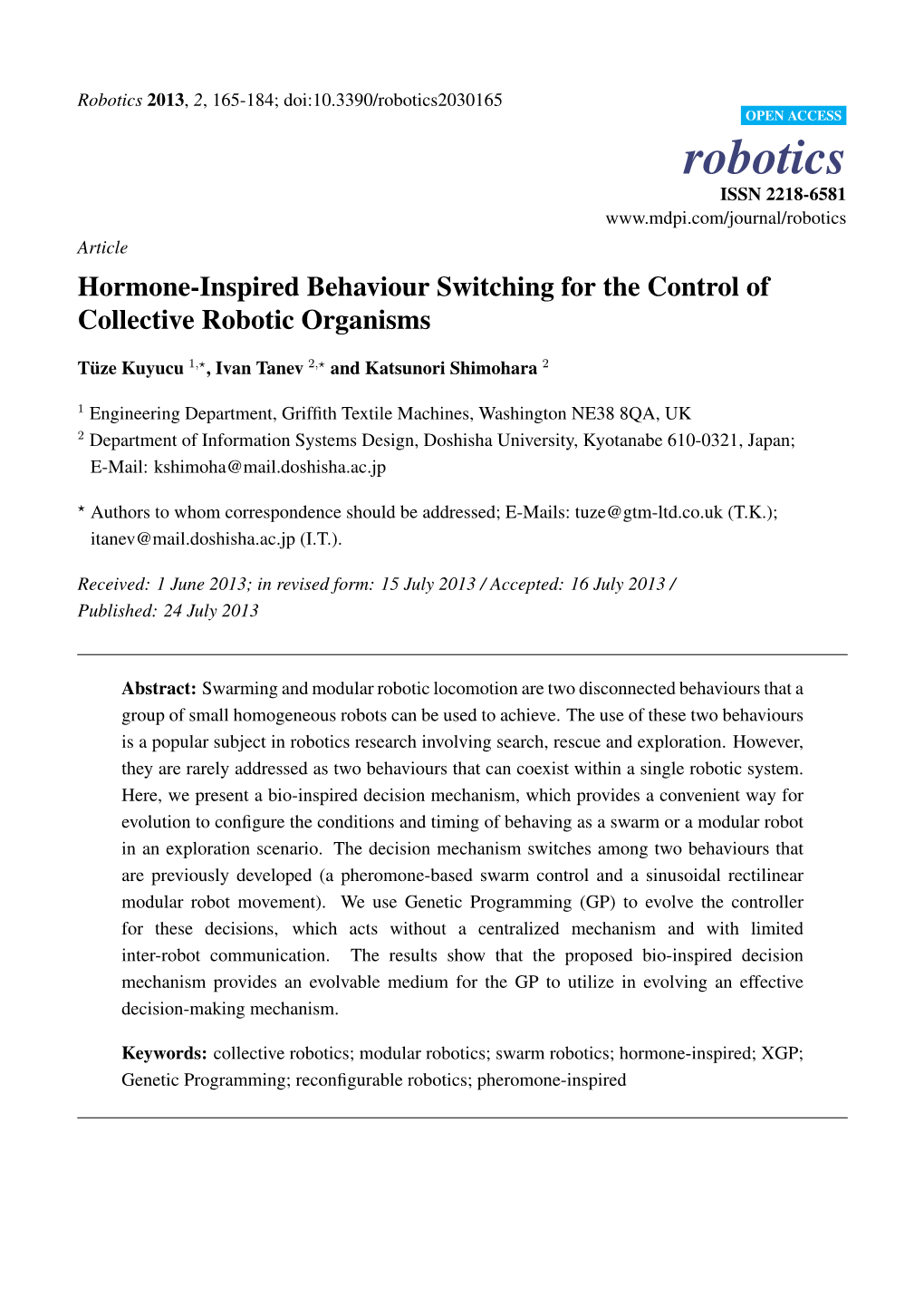 Hormone-Inspired Behaviour Switching for the Control of Collective Robotic Organisms