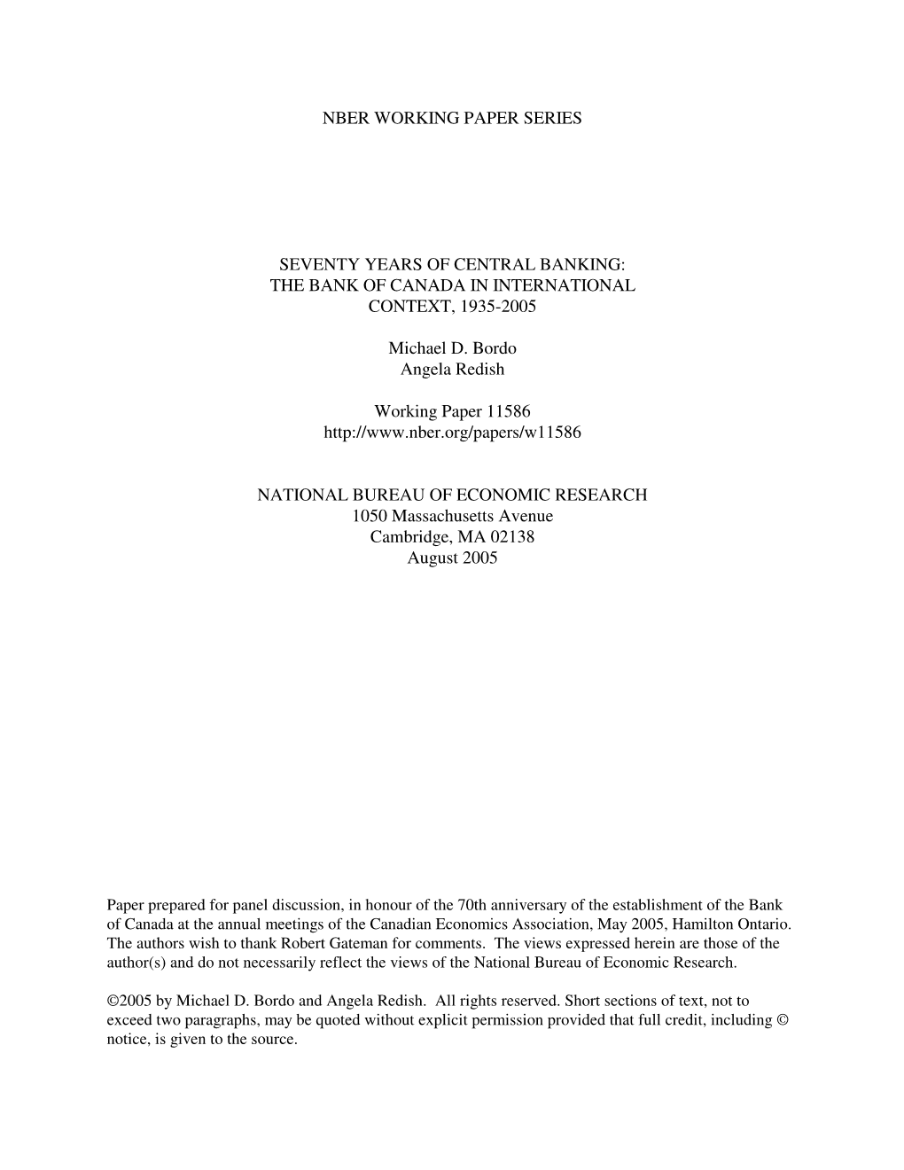 Seventy Years of Central Banking: the Bank of Canada in International Context, 1935-2005