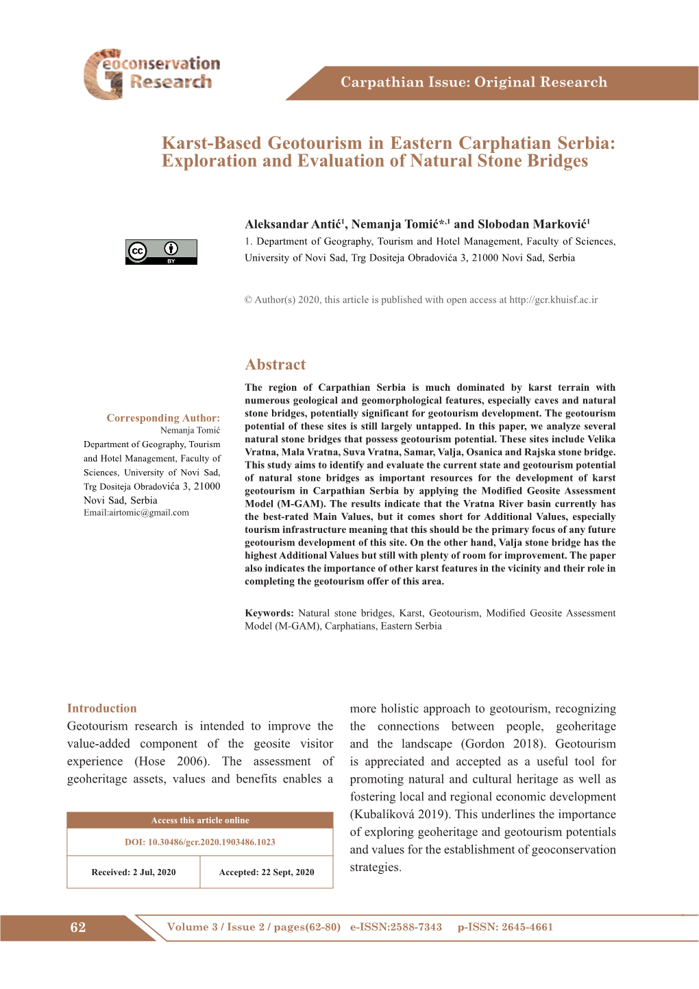 Karst-Based Geotourism in Eastern Carphatian Serbia: Exploration and Evaluation of Natural Stone Bridges