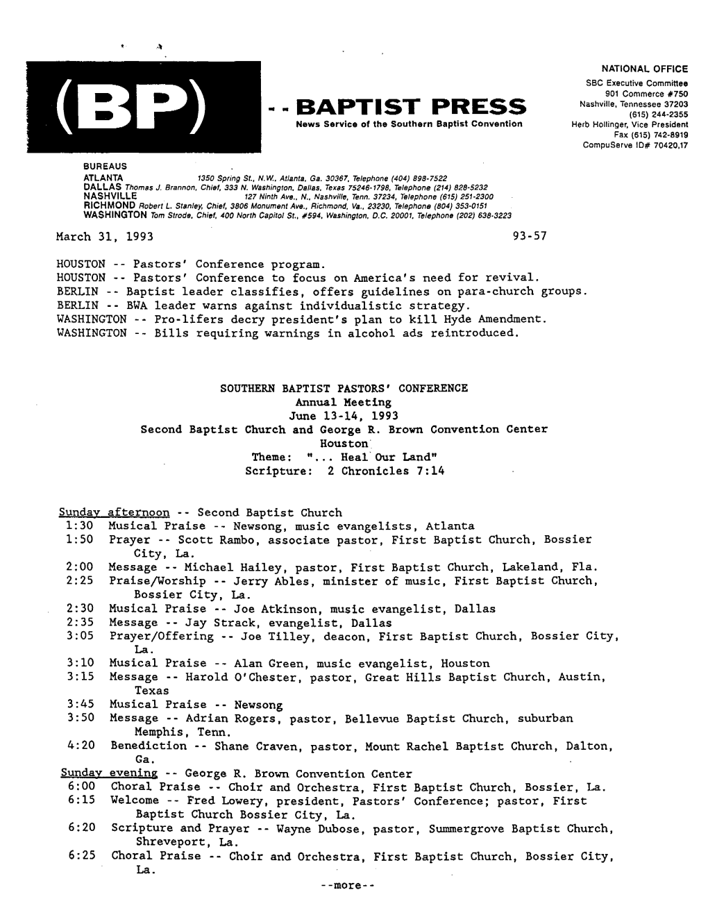 BAPTIST PRESS (615) 244-2355 · (BP) News Service of the Southern Baptist Convention Herb Hollinger, Vice President Fax (615) 742-8919 Compuserve 10# 70420,17