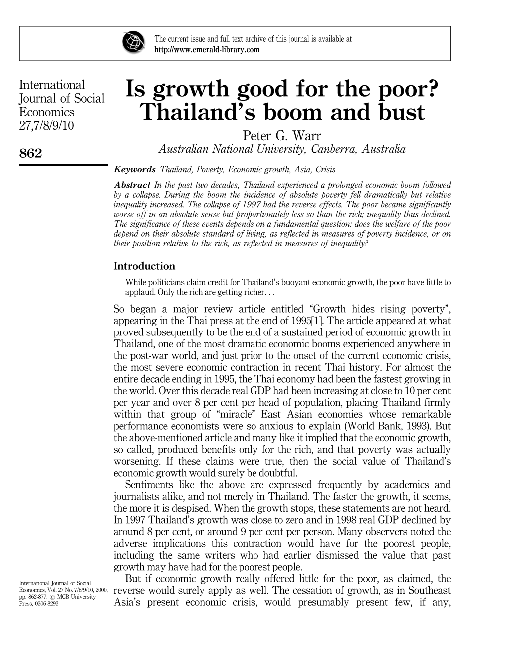 Is Growth Good for the Poor? Thailand's Boom and Bust
