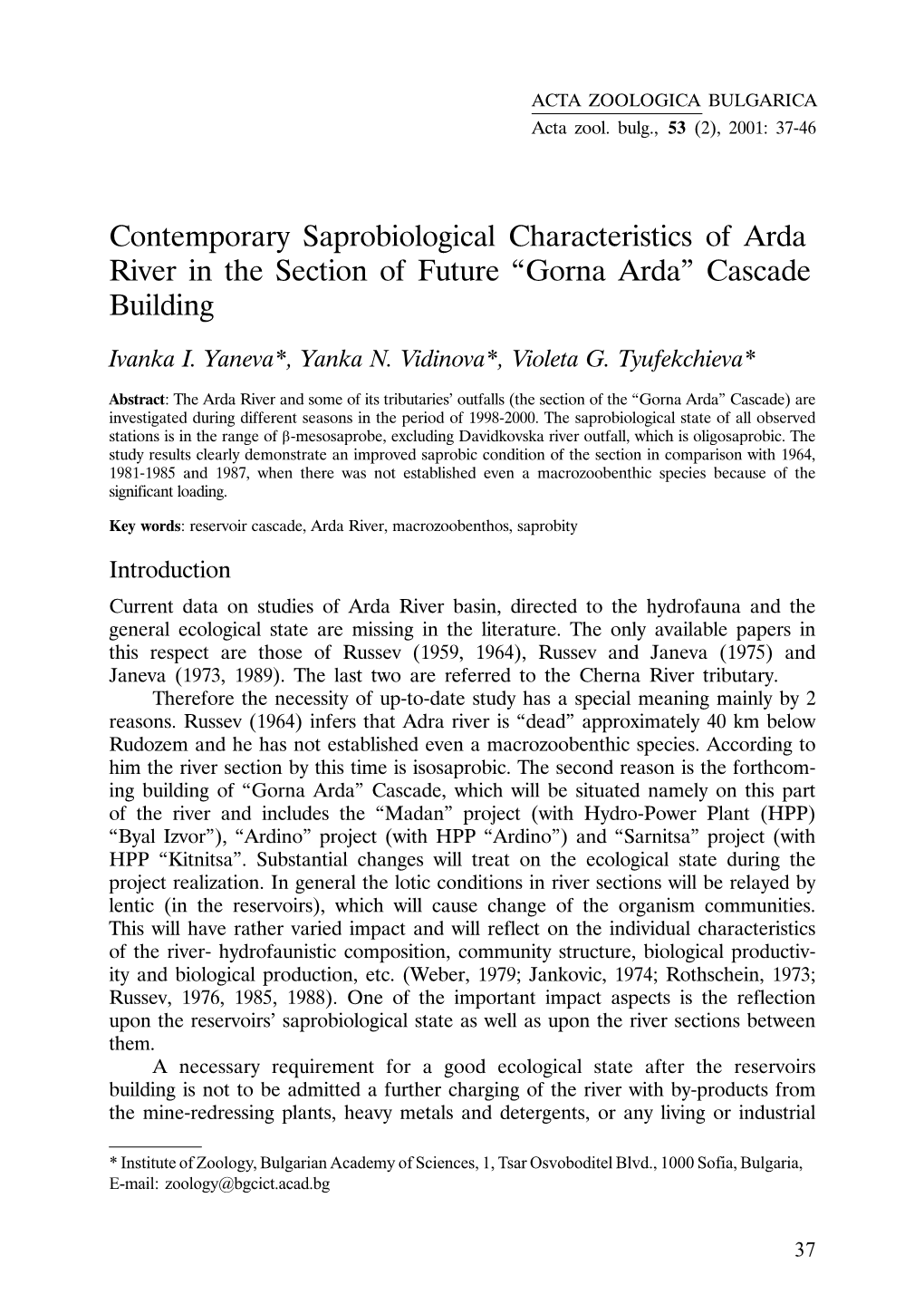 Contemporary Saprobiological Characteristics of Arda River in the Section of Future “Gorna Arda” Cascade Building