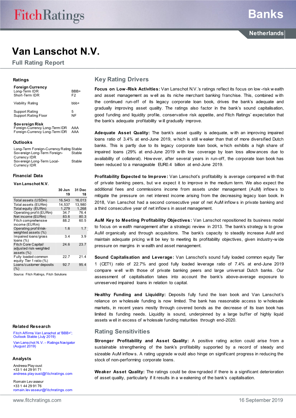 Van Lanschot N.V. Full Rating Report