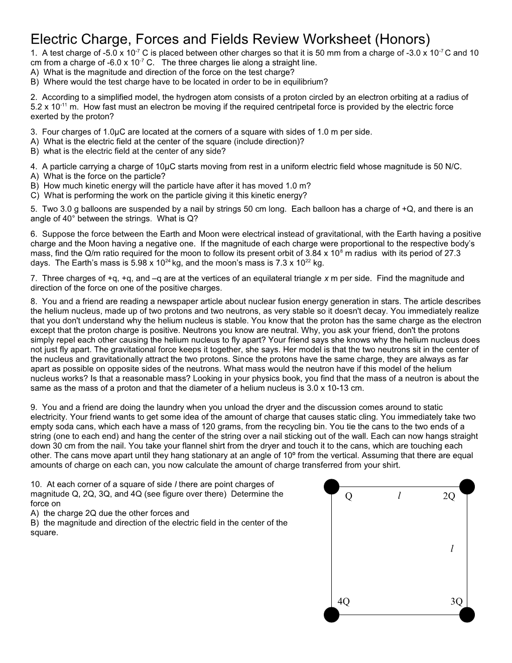 Electric Charge, Forces And Fields Review Worksheet (Honors)