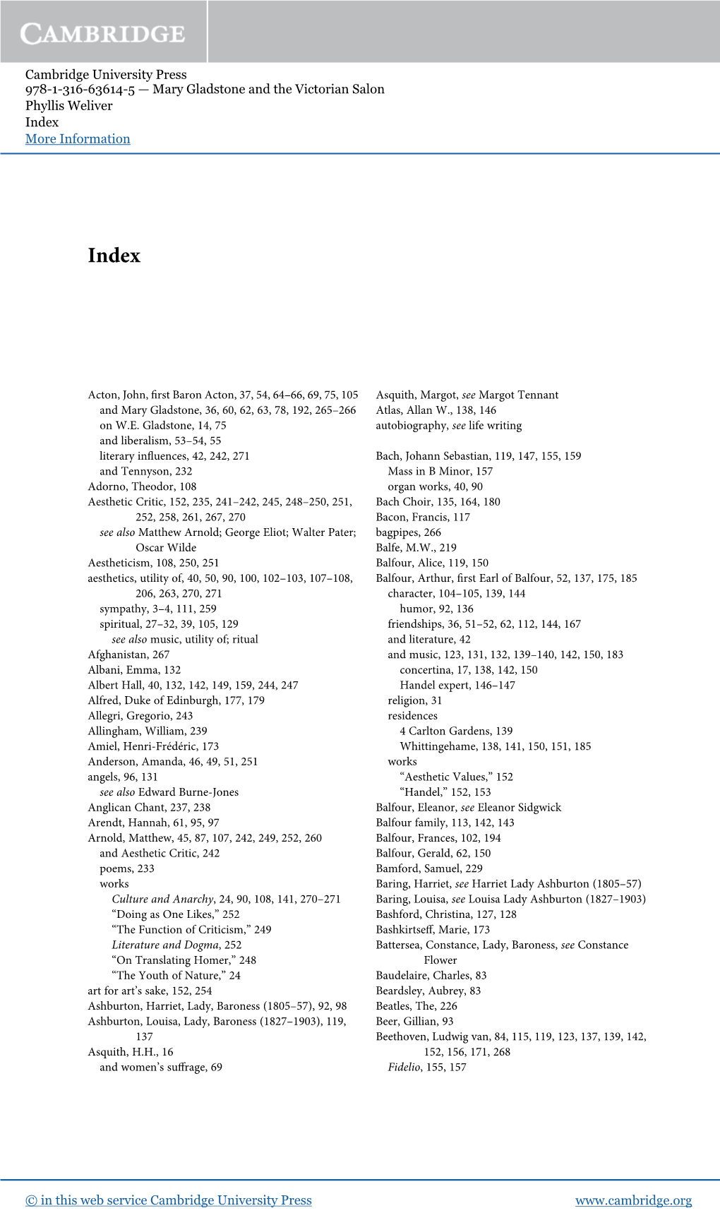 Cambridge University Press 978-1-316-63614-5 — Mary Gladstone and the Victorian Salon Phyllis Weliver Index More Information