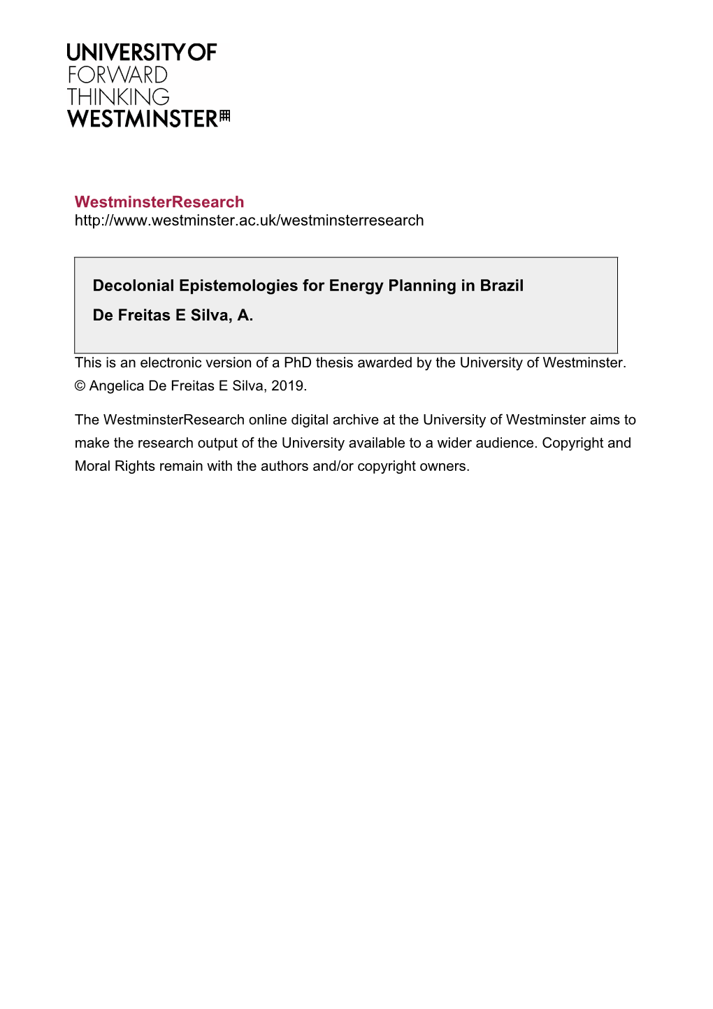 Westminsterresearch Decolonial Epistemologies for Energy Planning