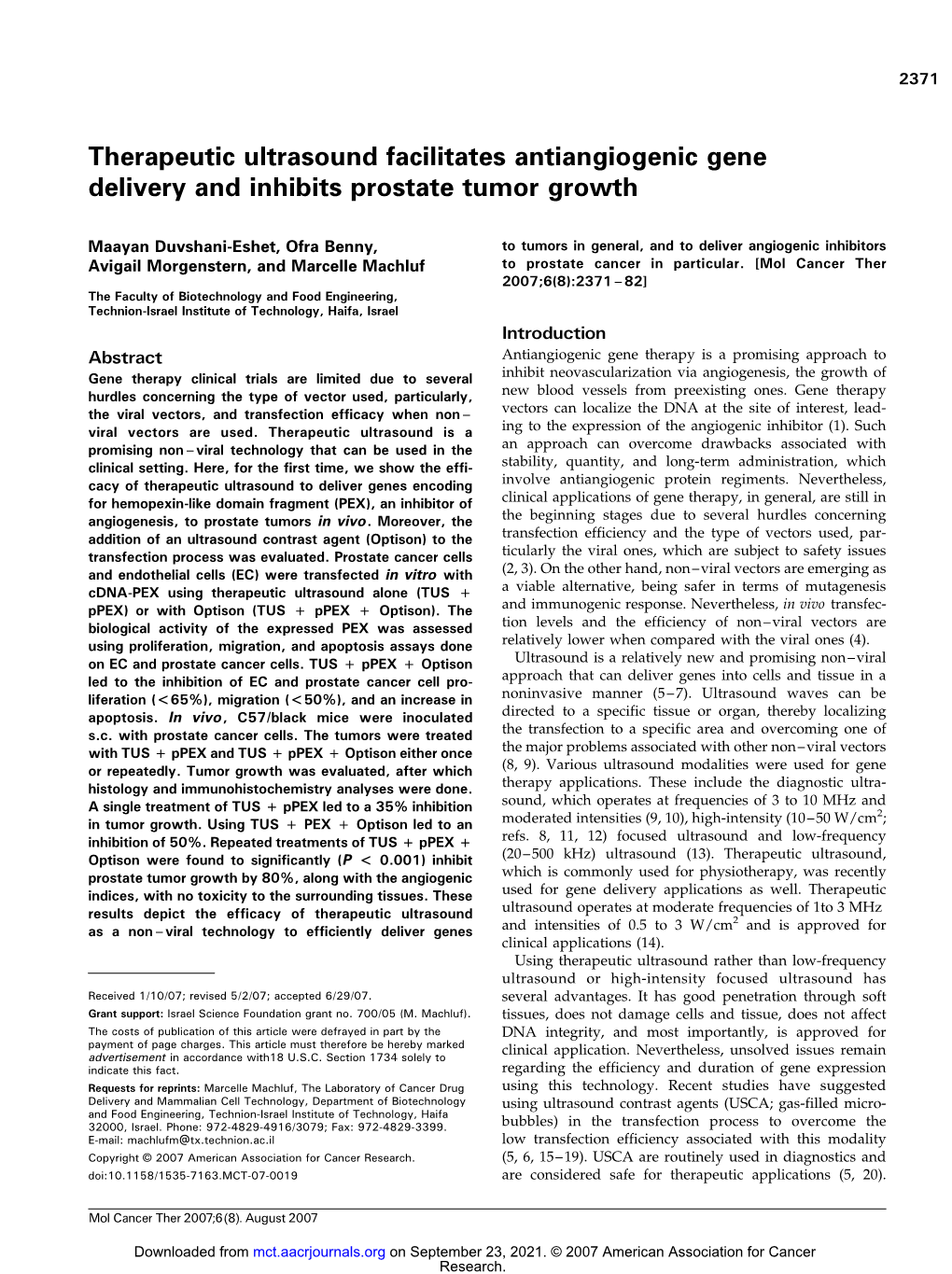 Therapeutic Ultrasound Facilitates Antiangiogenic Gene Delivery and Inhibits Prostate Tumor Growth