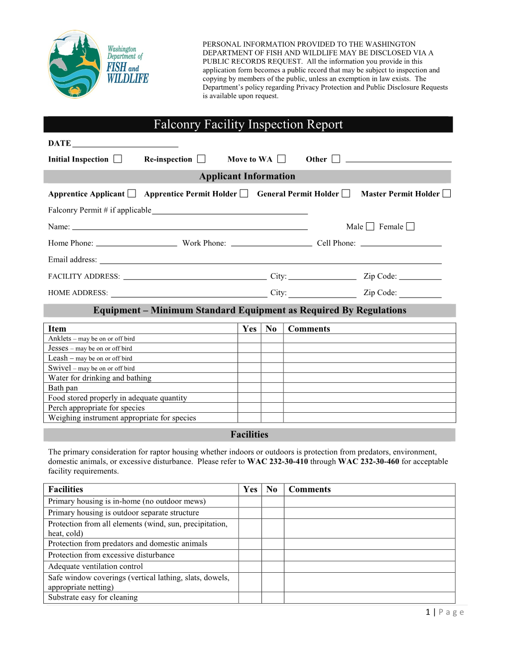 Falconry Housing and Equipment – Facility Inspection Form