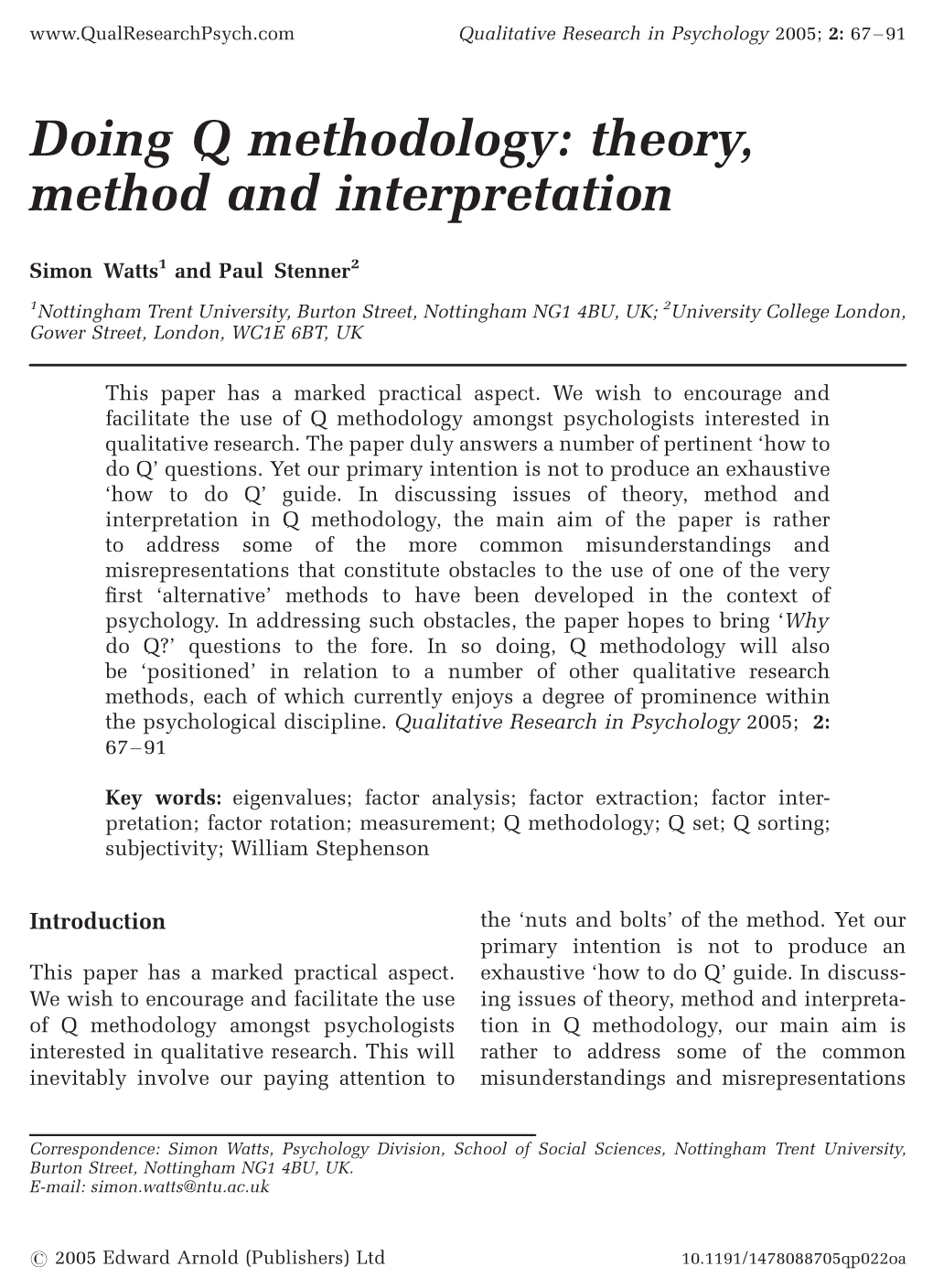 Doing Q Methodology: Theory, Method and Interpretation
