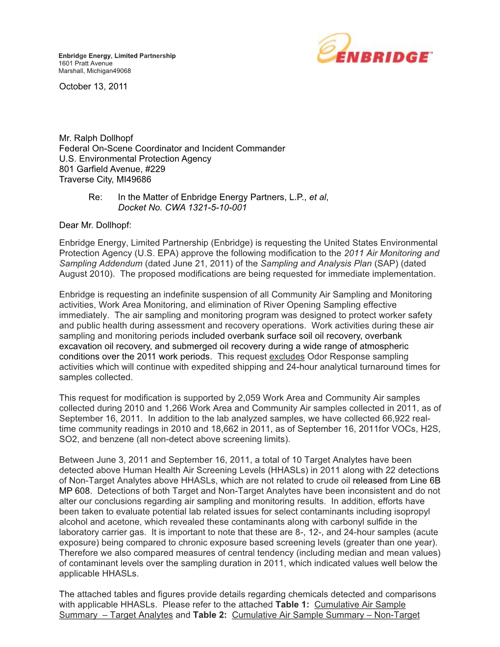 EPA Approval with Modifications of Enbridge Request for Modification to Air Monitoring and Sampling