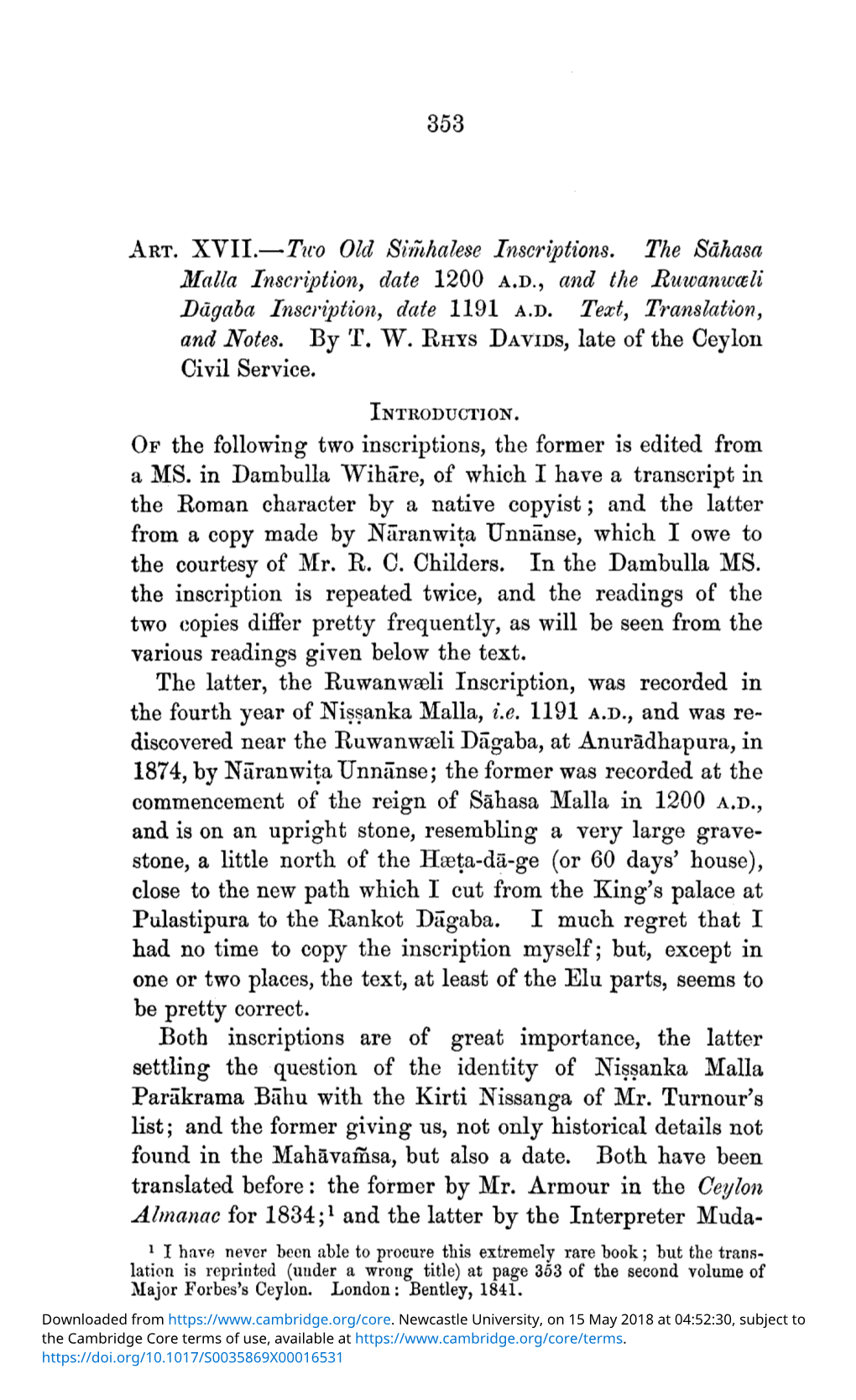 And Notes. by T. W. RHYS DAVIDS, Late of the Ceylon Civil Service. OF