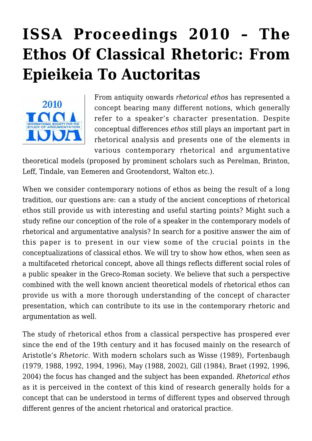 The Ethos of Classical Rhetoric: from Epieikeia to Auctoritas