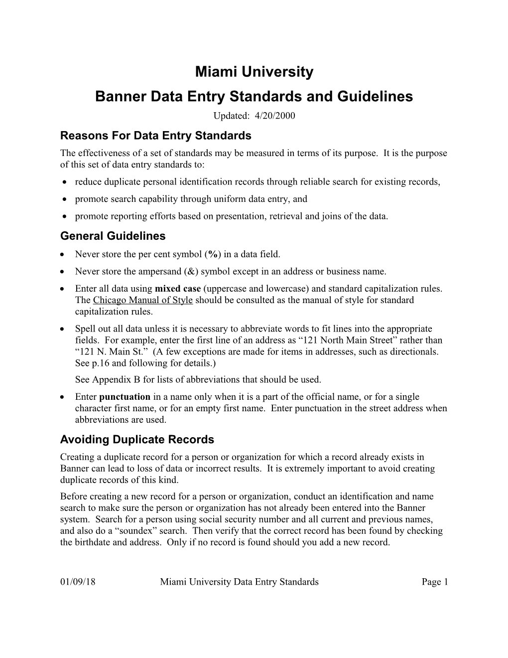 Banner Data Entry Standards and Guidelines