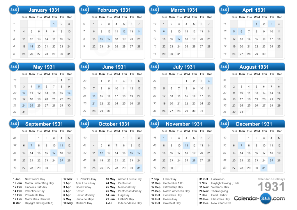 Calendar 1931 & Holidays 1931