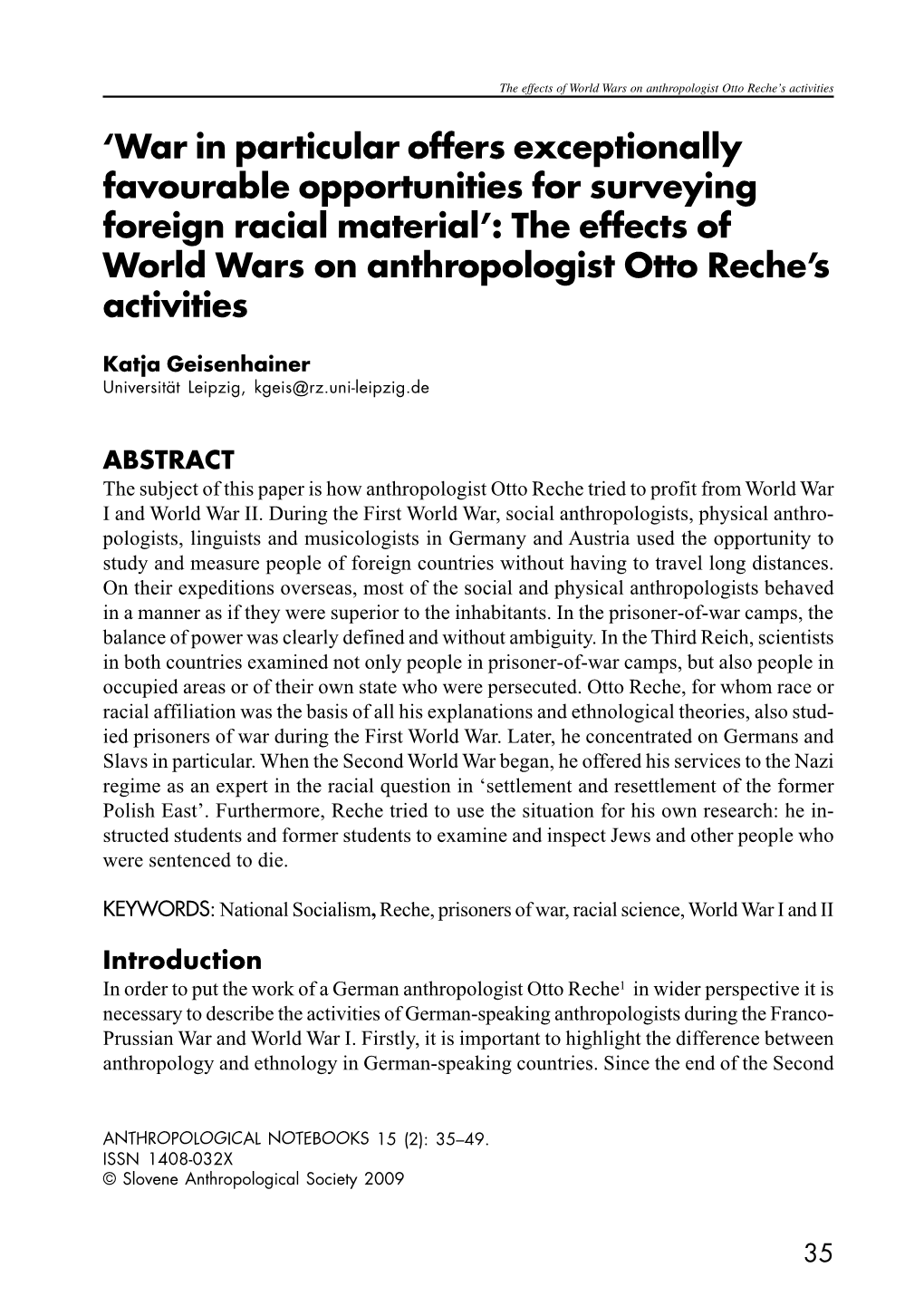 Šwar in Particular Offers Exceptionally Favourable Opportunities for Surveying Foreign Racial Material': the Effects of World