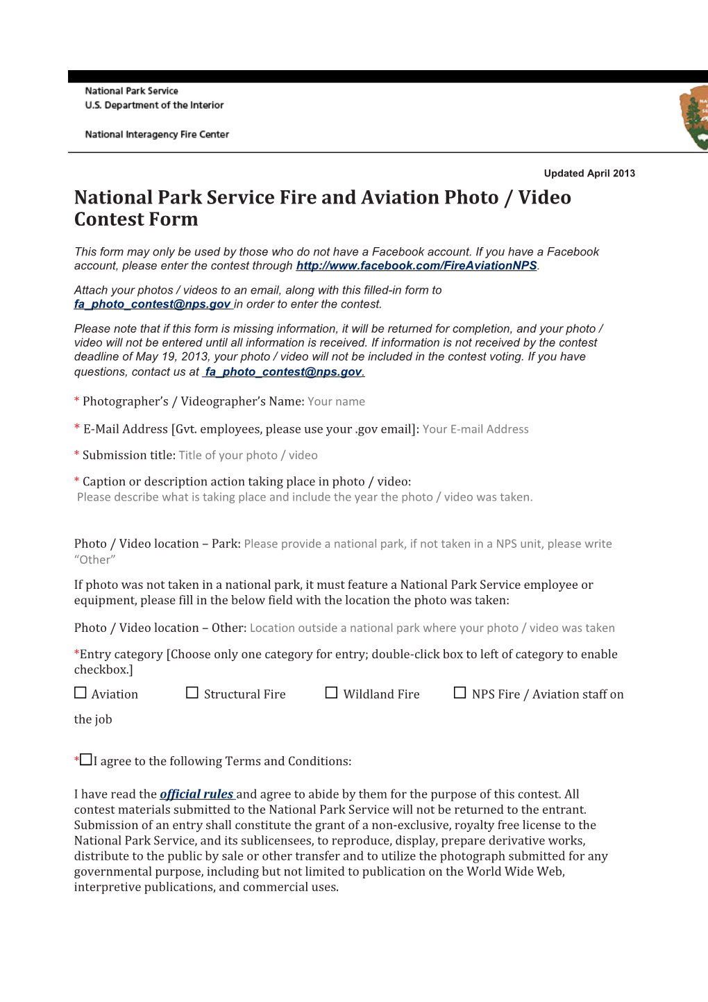 National Park Service Fire and Aviation Management Photo and Video Contest Form