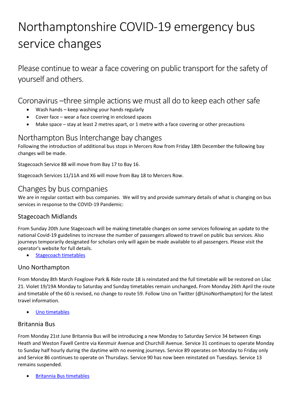 Northamptonshire COVID-19 Emergency Bus Service Changes