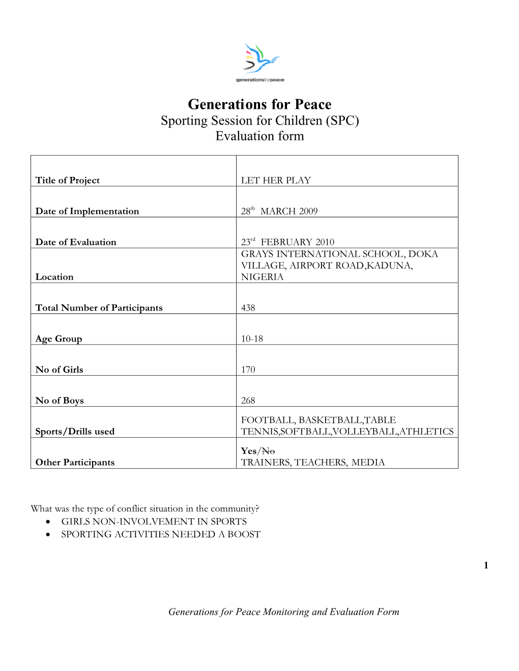 Generations for Peace Sporting Session for Children (SPC) Evaluation Form