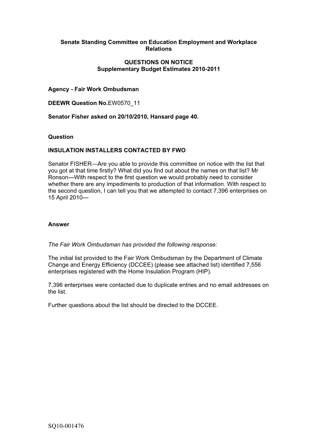 Supplementary Budget Estimates 2010-11 — (October 2010)