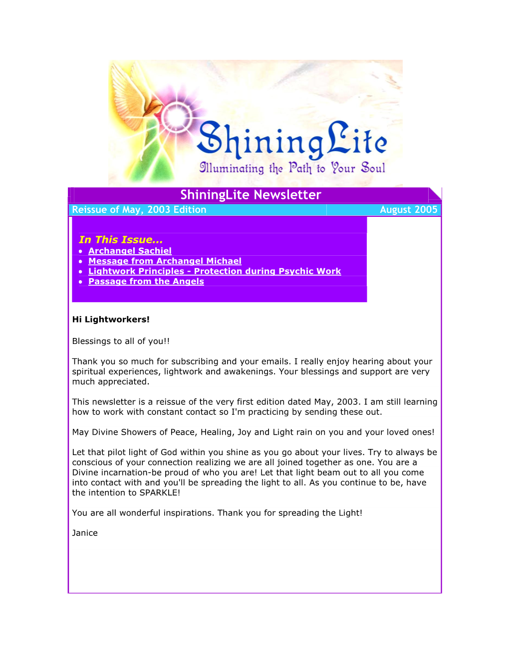 Shininglite Newsletter Reissue of May, 2003 Edition August 2005