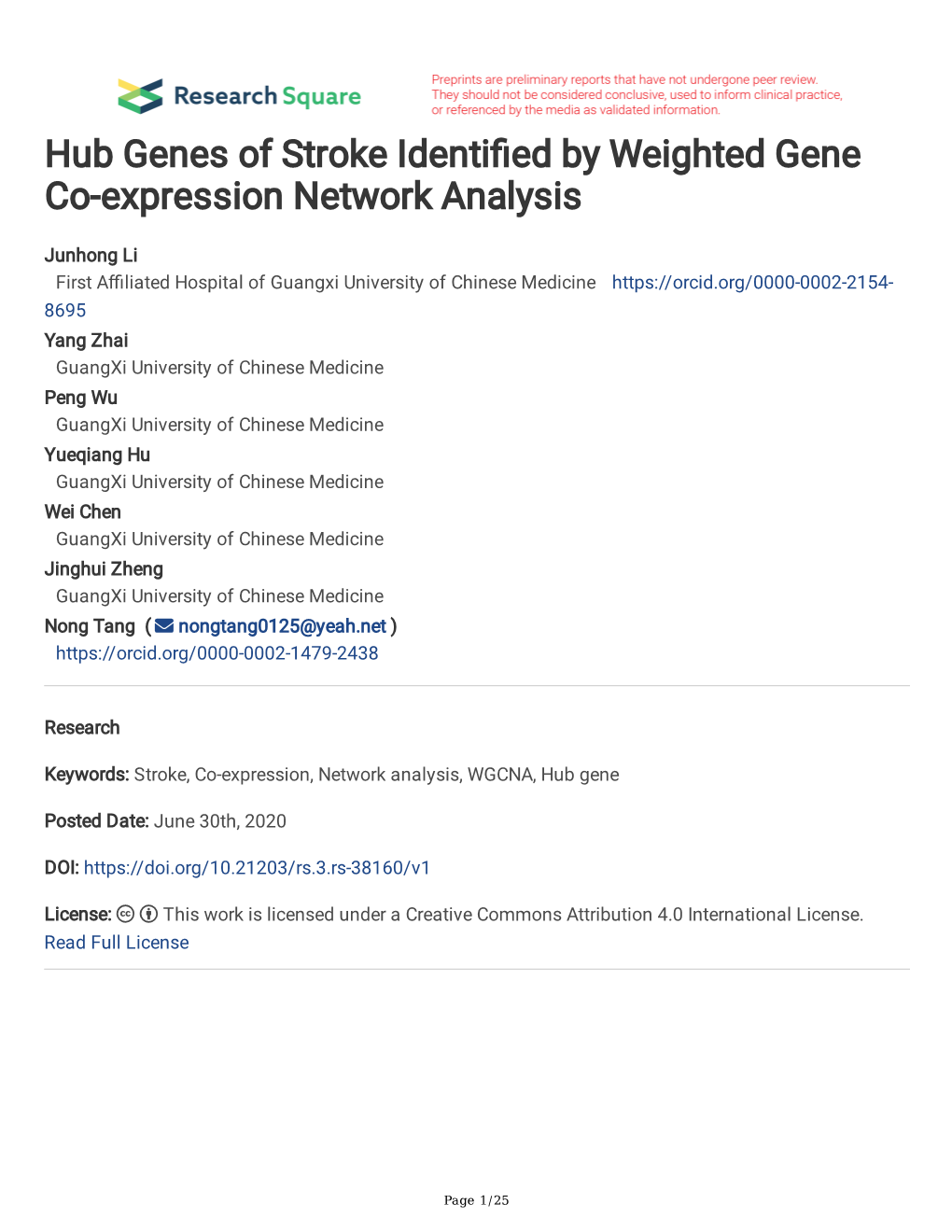 Hub Genes of Stroke Identi Ed by Weighted Gene Co-Expression