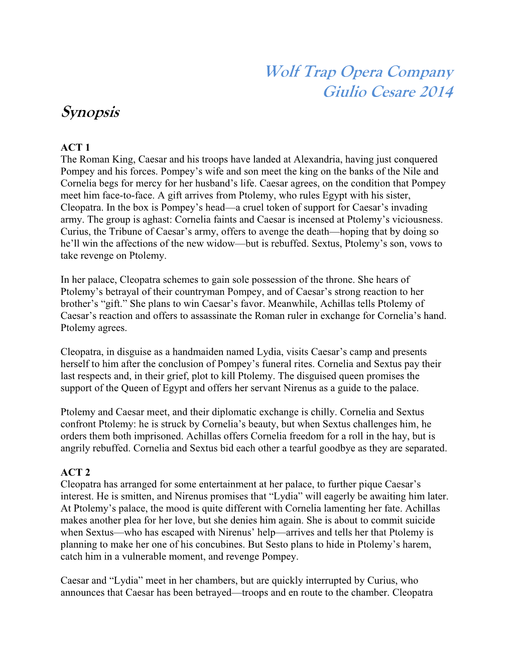 Wolf Trap Opera Company Giulio Cesare 2014 Synopsis