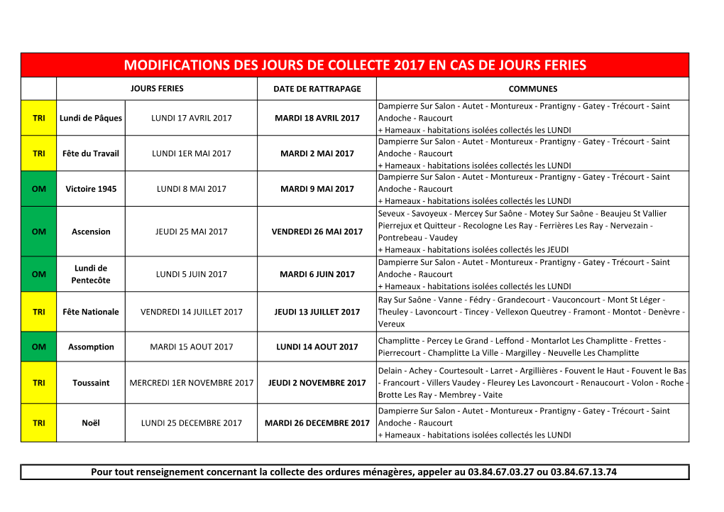 Modifications Des Jours De Collecte 2017 En Cas De Jours Feries