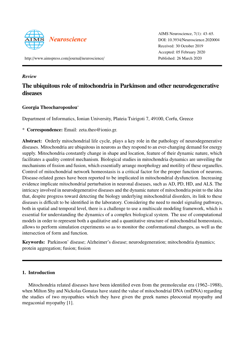 The Ubiquitous Role of Mitochondria in Parkinson and Other Neurodegenerative Diseases